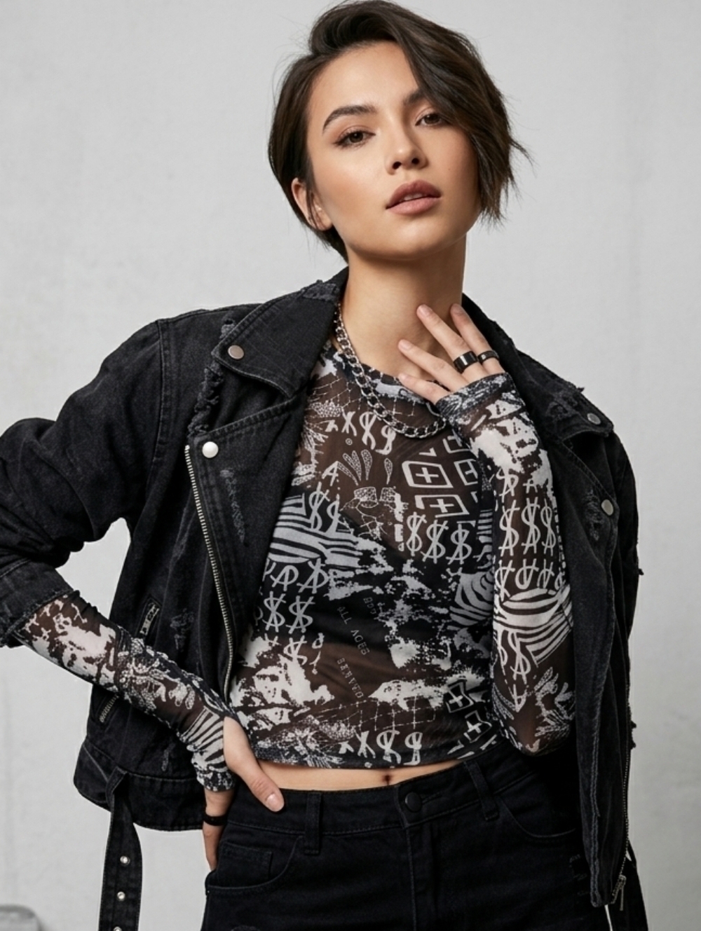 Ksubi x SERVED Long Sleeve Mesh Top Black White Graphic Print Size L